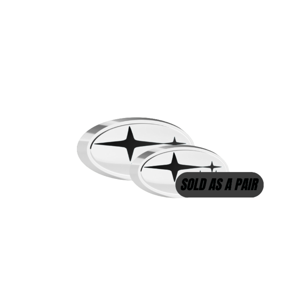 Black and white Racing Art emblem kit for 2015-2021 Subaru WRX and STI, includes front and rear ornaments by JDMuscle.