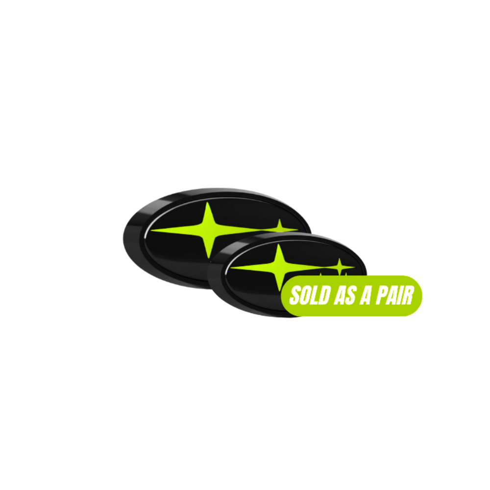 JDMuscle Racing Art 15-21 WRX/STI front and rear emblem kit with neon yellow star design on black base, automotive ornament set.