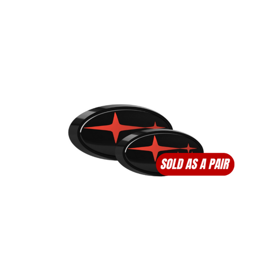 JDMuscle Racing Art 22-25 WRX front and rear emblem kit with red star design on black base for Subaru WRX models