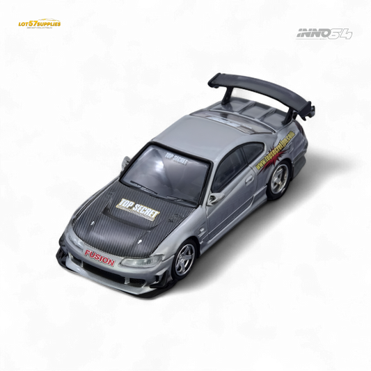 Pre-order INNO64 Top Secret Silvia S15 diecast model in silver, detailed Nissan car with sleek design and realistic features.