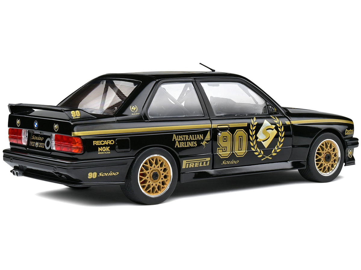 1990 BMW E30 M3 black diecast model car by Solido, limited edition Solido 90th Anniversary Competition Series, 1/18 scale.