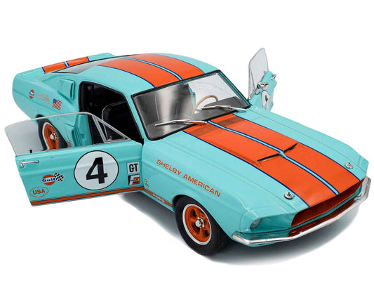 1967 Shelby GT500 #4 "Gulf Racing Tribute" Light Blue with Orange Stripes 1/18 Diecast Model Car by Solido