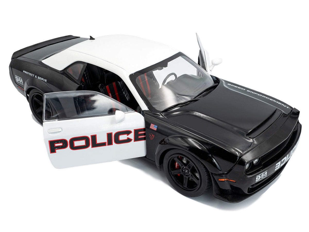 Black and white 2023 Dodge Challenger Demon "Police" 1/18 diecast model car by Solido, detailed miniature Dodge model.