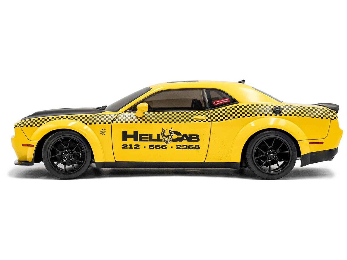 2023 Dodge Challenger SRT Hellcat Redeye Widebody taxi diecast model car in yellow with black hood and NYC Hellcab graphics by Solido
