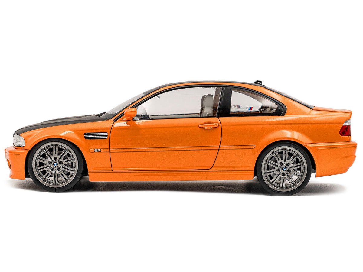 Miniature Motors 1/18 BMW E46 M3 diecast model in orange metallic with matte black hood and carbon top by Solido.