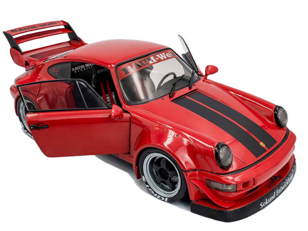 Red 2024 RWB Taikano Kaishin 1/18 diecast model car with black stripes by Miniature Motors, detailed collectible vehicle.