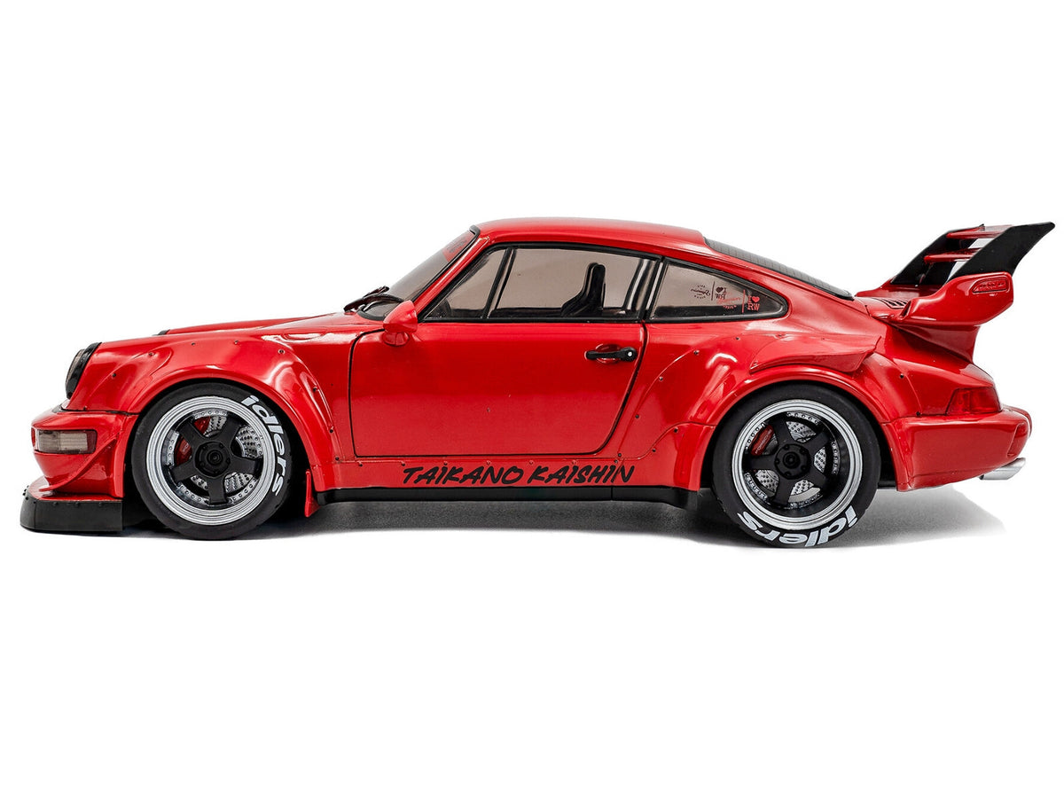 Red 2024 RWB Taikano Kaishin 1/18 diecast model car with black stripes by Miniature Motors, showcasing detailed exterior design.
