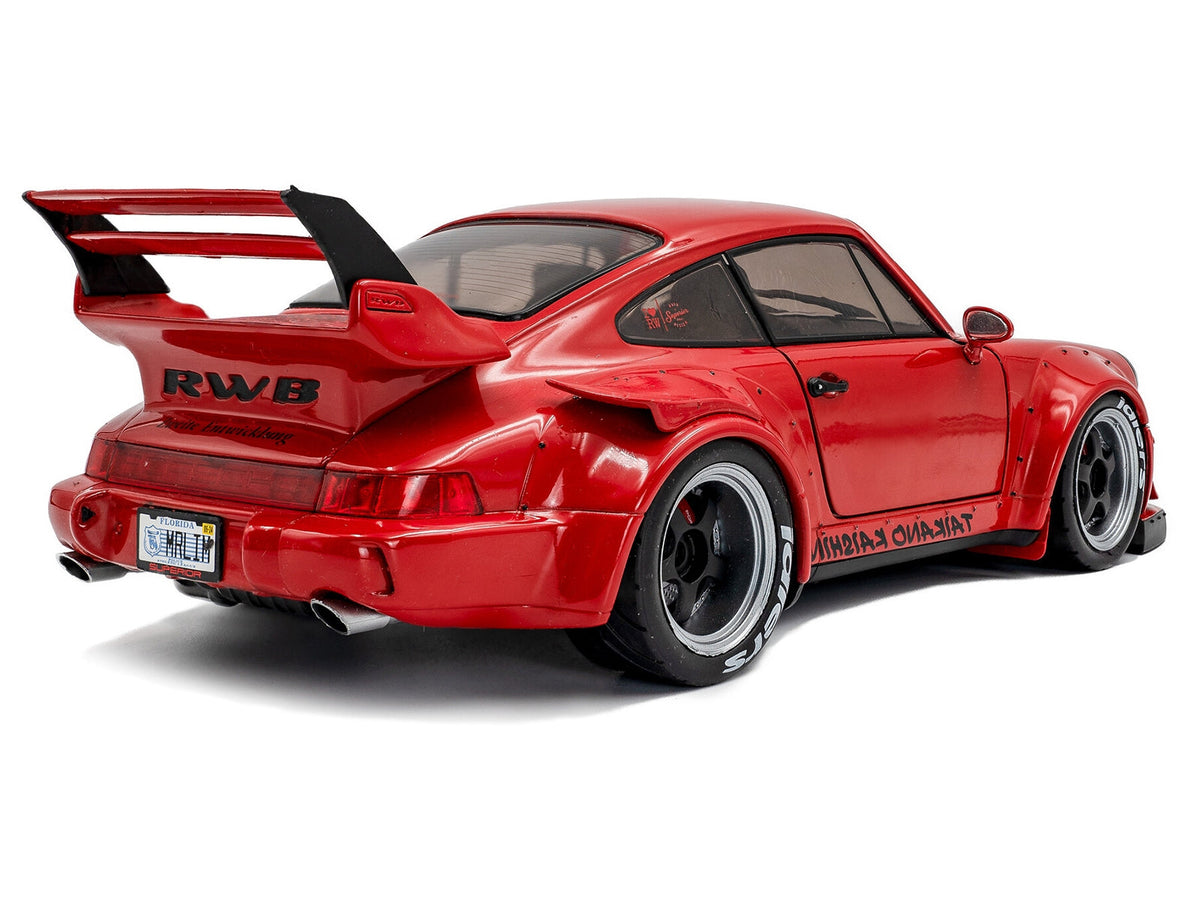 Red 2024 RWB Taikano Kaishin 1/18 diecast model car with black stripes by Miniature Motors, detailed miniature vehicle.