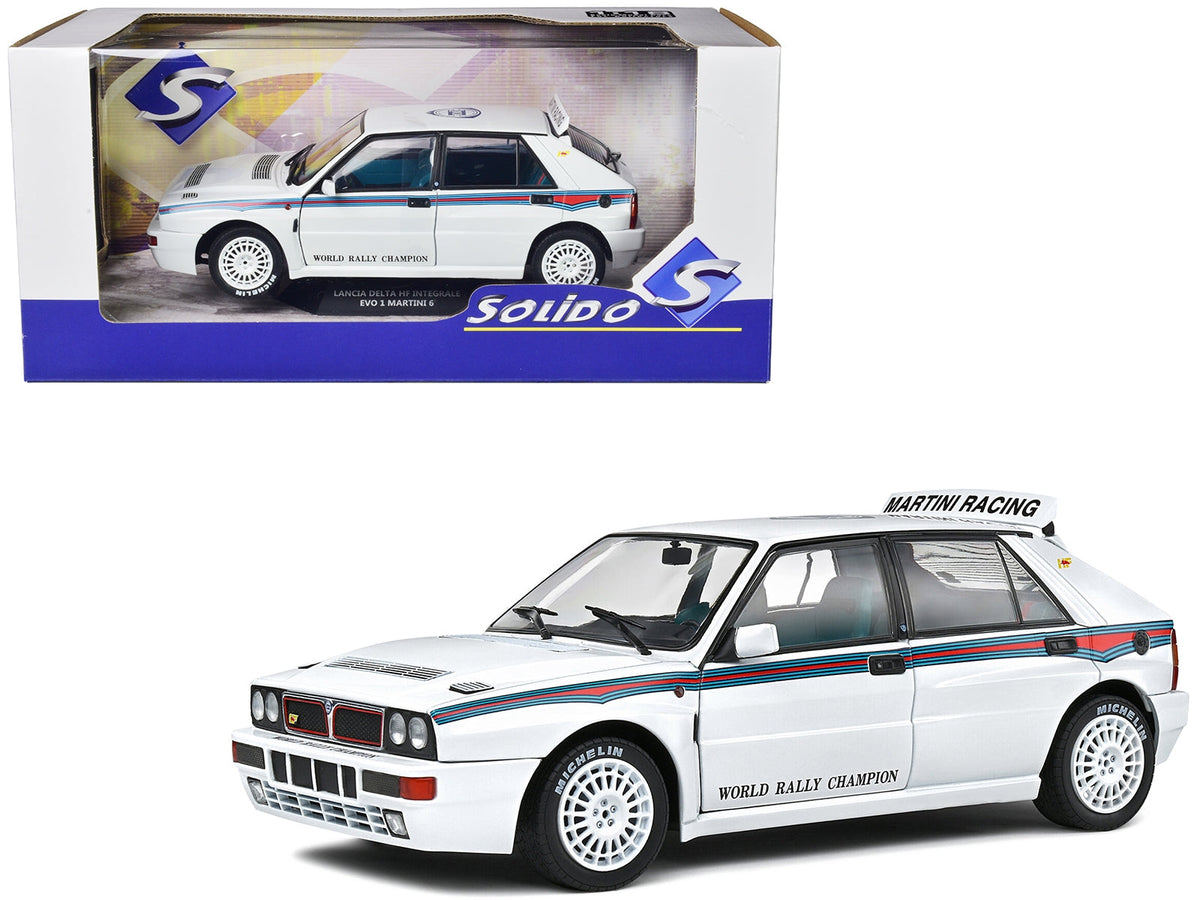 Miniature Motors 1/18 diecast model of 1992 Lancia Delta HF Integrale Evo 1 Martini racing car with white body, blue and red stripes.