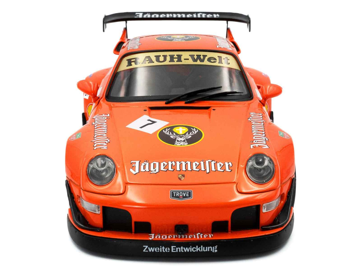 2020 RWB Bodykit #7 Jagermeister orange diecast model car by Miniature Motors with graphics, 1/18 scale, detailed collectible.