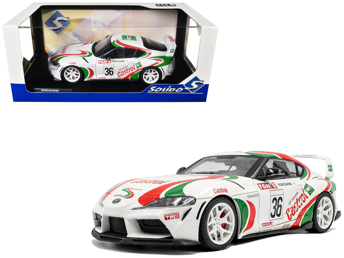 2024 Toyota GR Supra #36 diecast model car by Solido, white with green and red racing graphics, detailed miniature vehicle.
