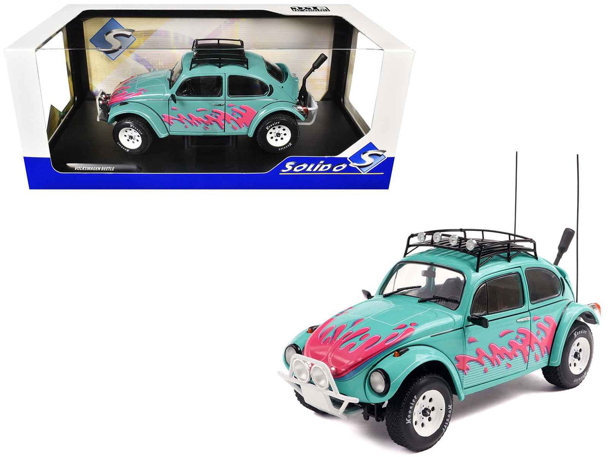 1976 Volkswagen Beetle Baja diecast model car in Miami Green with pink graphics by Solido, 1/18 scale, detailed miniature vehicle.