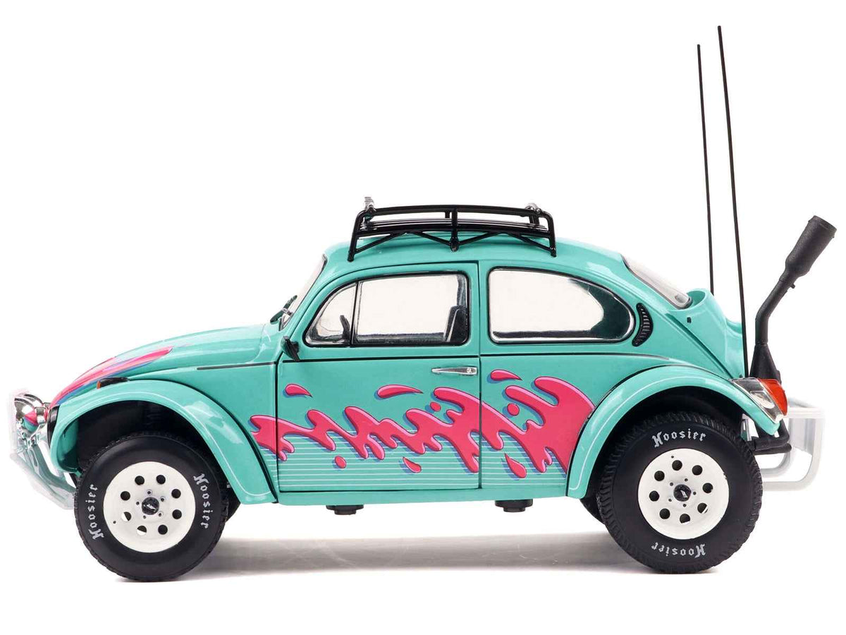 Miniature Motors 1976 Volkswagen Beetle Baja diecast model in Miami Green with pink graphics, 1/18 scale by Solido.