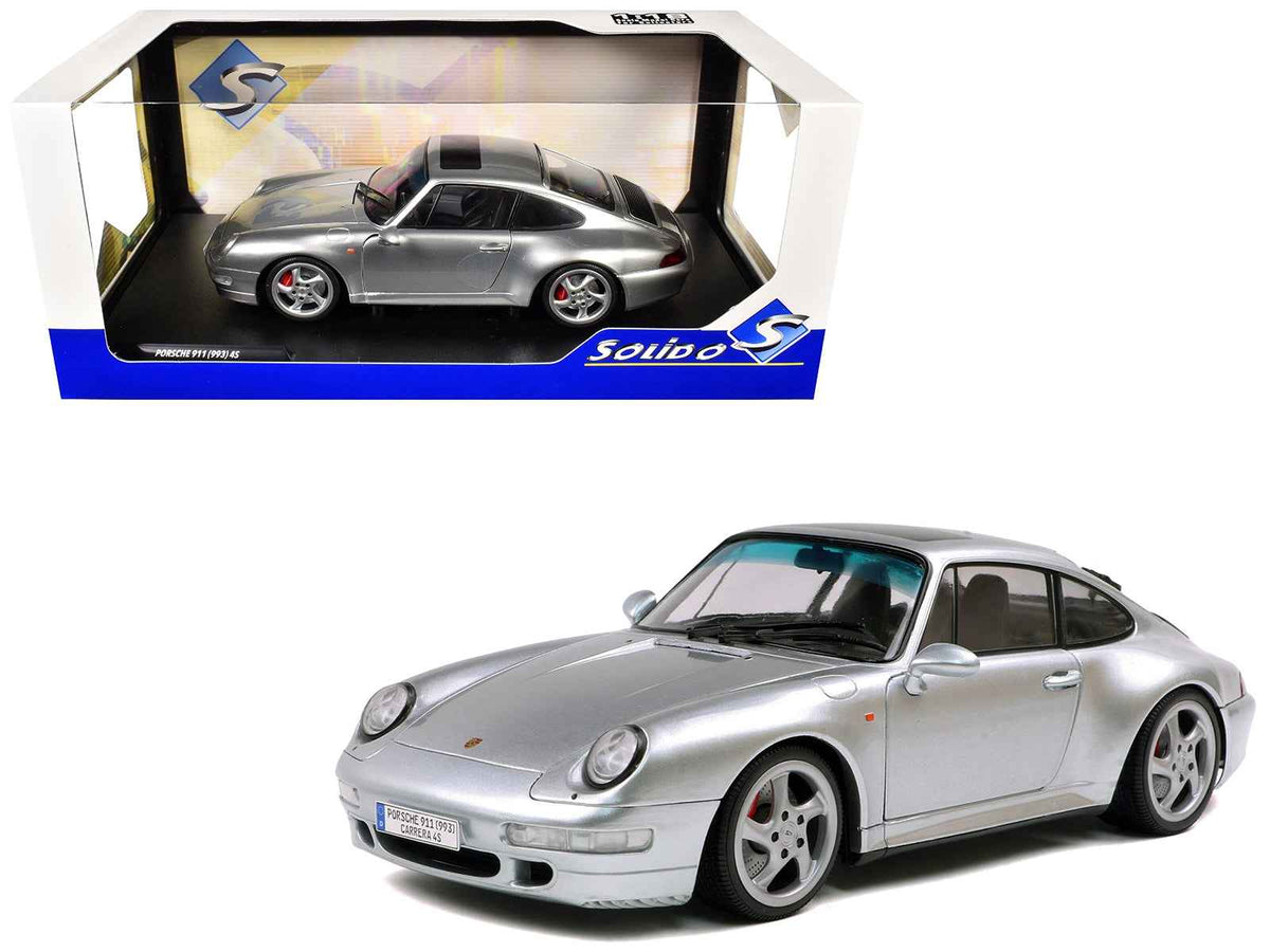 Miniature Porsche 911 (993) 4S diecast model car in Polar Silver Metallic by Solido, detailed 1/18 scale collectible.