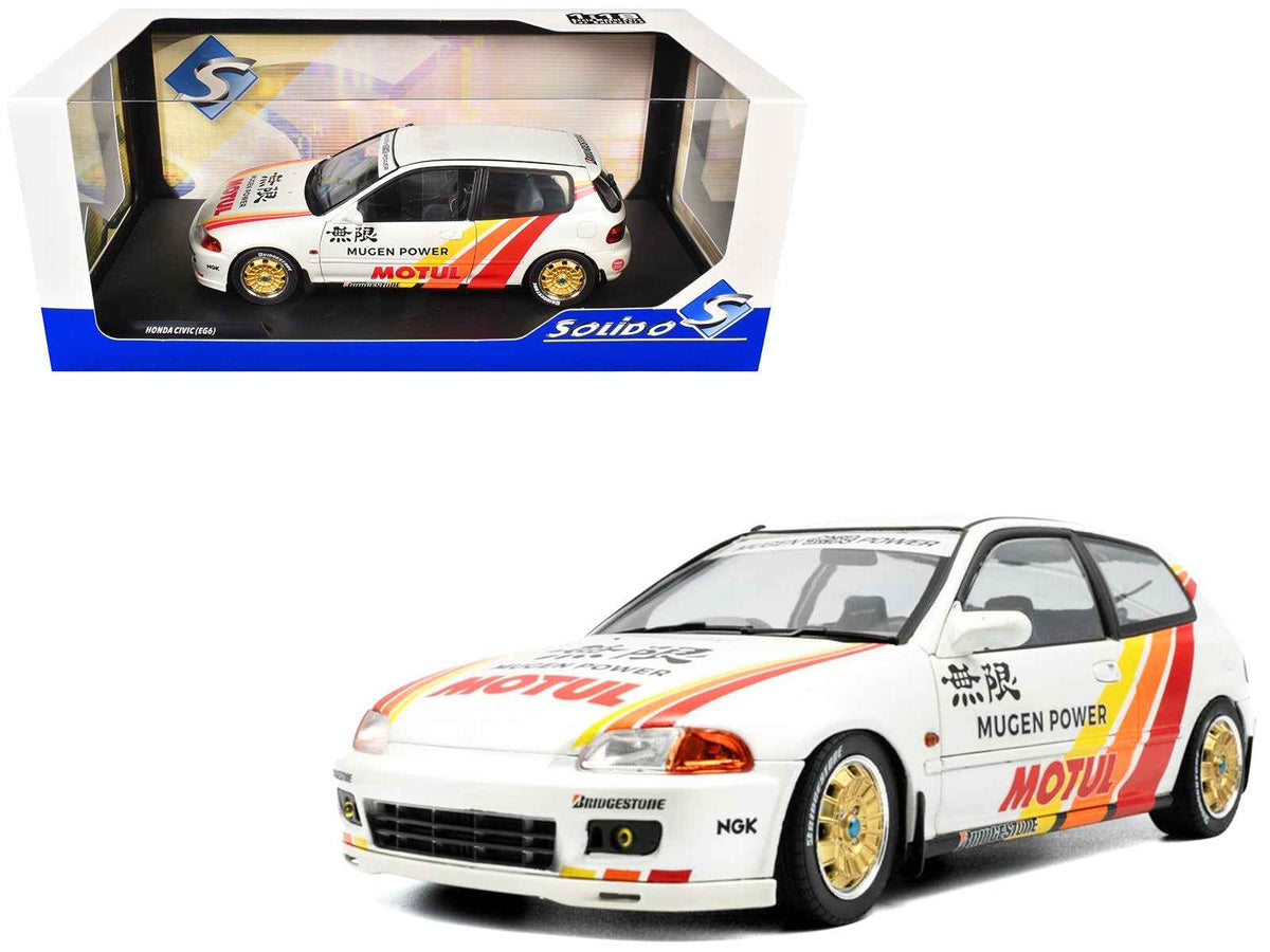 White 1991 Honda Civic EG6 Mugen Racing 1/18 diecast model car by Solido, showcasing detailed stripes and RHD design.