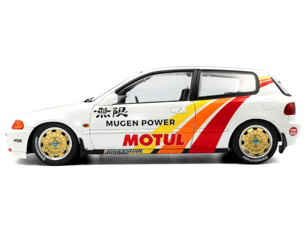 White 1991 Honda Civic EG6 RHD Mugen Racing 1/18 diecast model car by Solido, detailed miniature Honda model with racing stripes