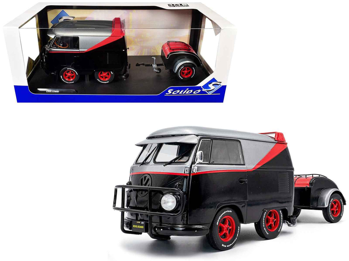 2024 Volkswagen Kool Kombi Sport Van with trailer, black and silver with red stripe, 1/18 diecast model car by Solido