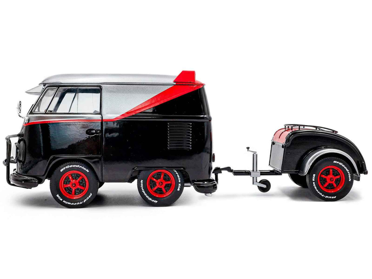 2024 Volkswagen Kool Kombi Sport Van diecast model by Solido, black and silver with red stripe, includes trailer, detailed miniature vehicle