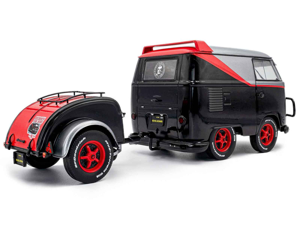 Black and silver 1/18 diecast Volkswagen Kool Kombi Sport Van with red stripe and trailer by Solido, detailed miniature model.