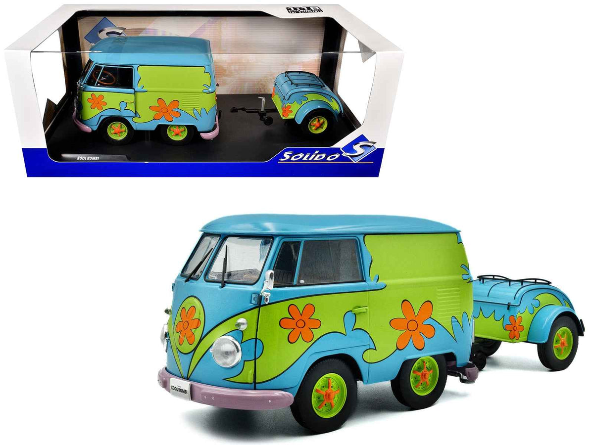 2024 Volkswagen Kool Kombi Van with "Ghost Hunter" trailer diecast model in blue and green with graphic details, by Miniature Motors.