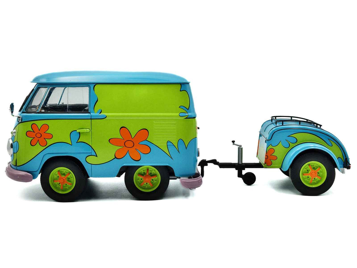 Blue and green 2024 Volkswagen Kool Kombi Van with trailer "Ghost Hunter" diecast model by Solido, detailed 1/18 scale.
