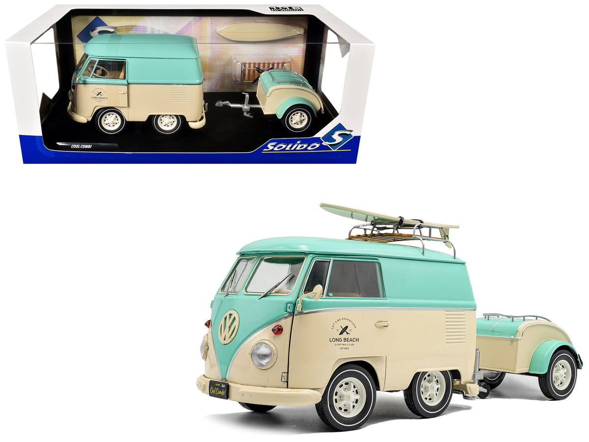 Mint green and cream 2024 Volkswagen Cool Combi van with trailer, roof rack, and surfboard diecast model by Miniature Motors.