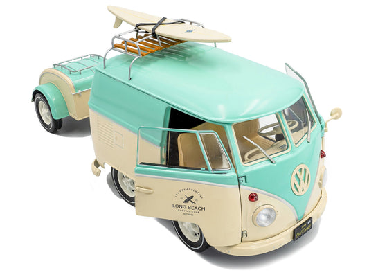 2024 Volkswagen Cool Combi Van with Trailer "Long Beach Surfing Club" Mint Green and Cream with Roof Rack and Surfboard 1/18 Diecast Model Car by Solido