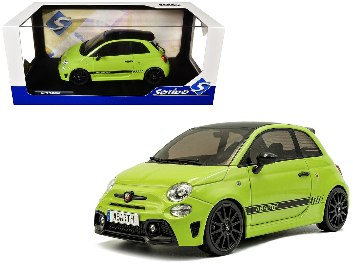 2023 Fiat F595 Abarth Verde Adrenalina green diecast model car with black top and stripes, 1/18 scale by Solido.