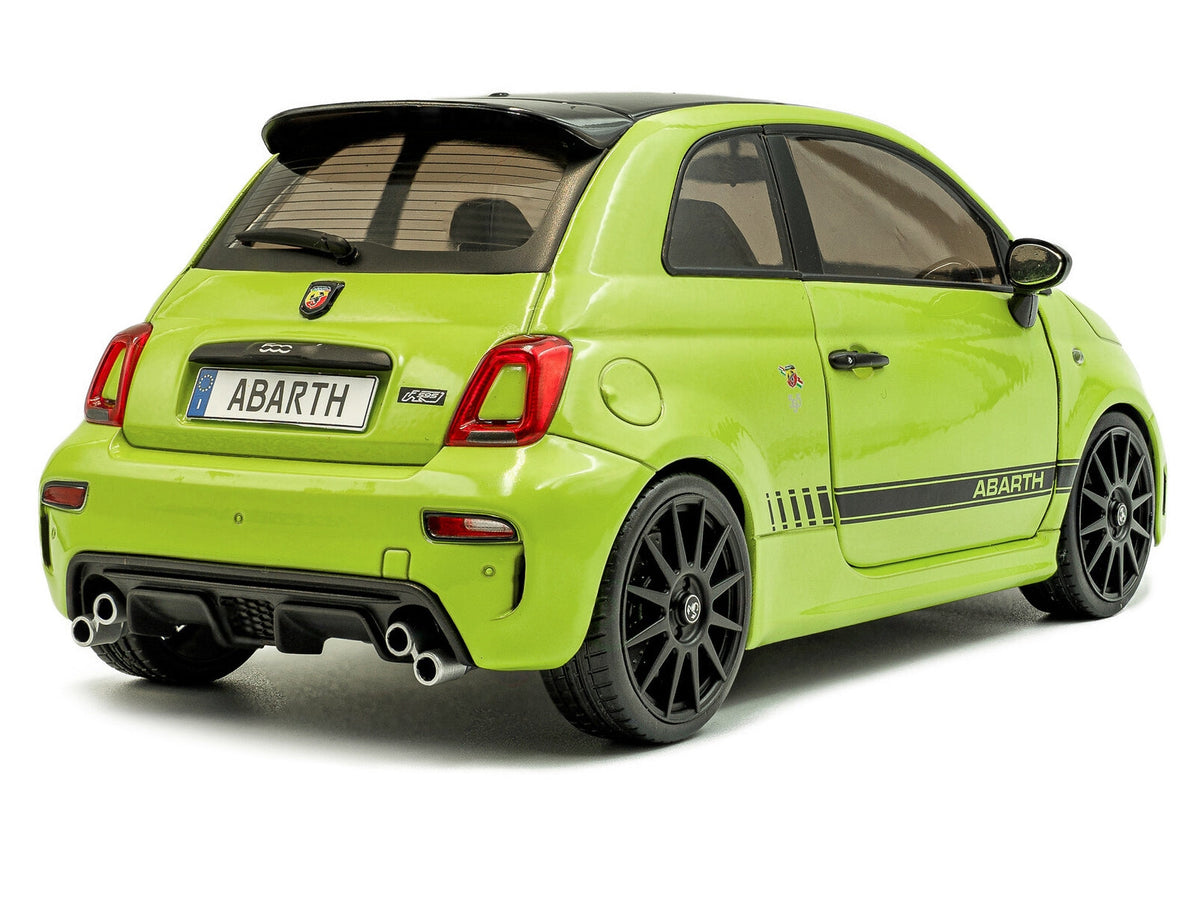 2023 Fiat F595 Abarth Verde Adrenalina green diecast model car with black top and stripes, detailed miniature by Solido.