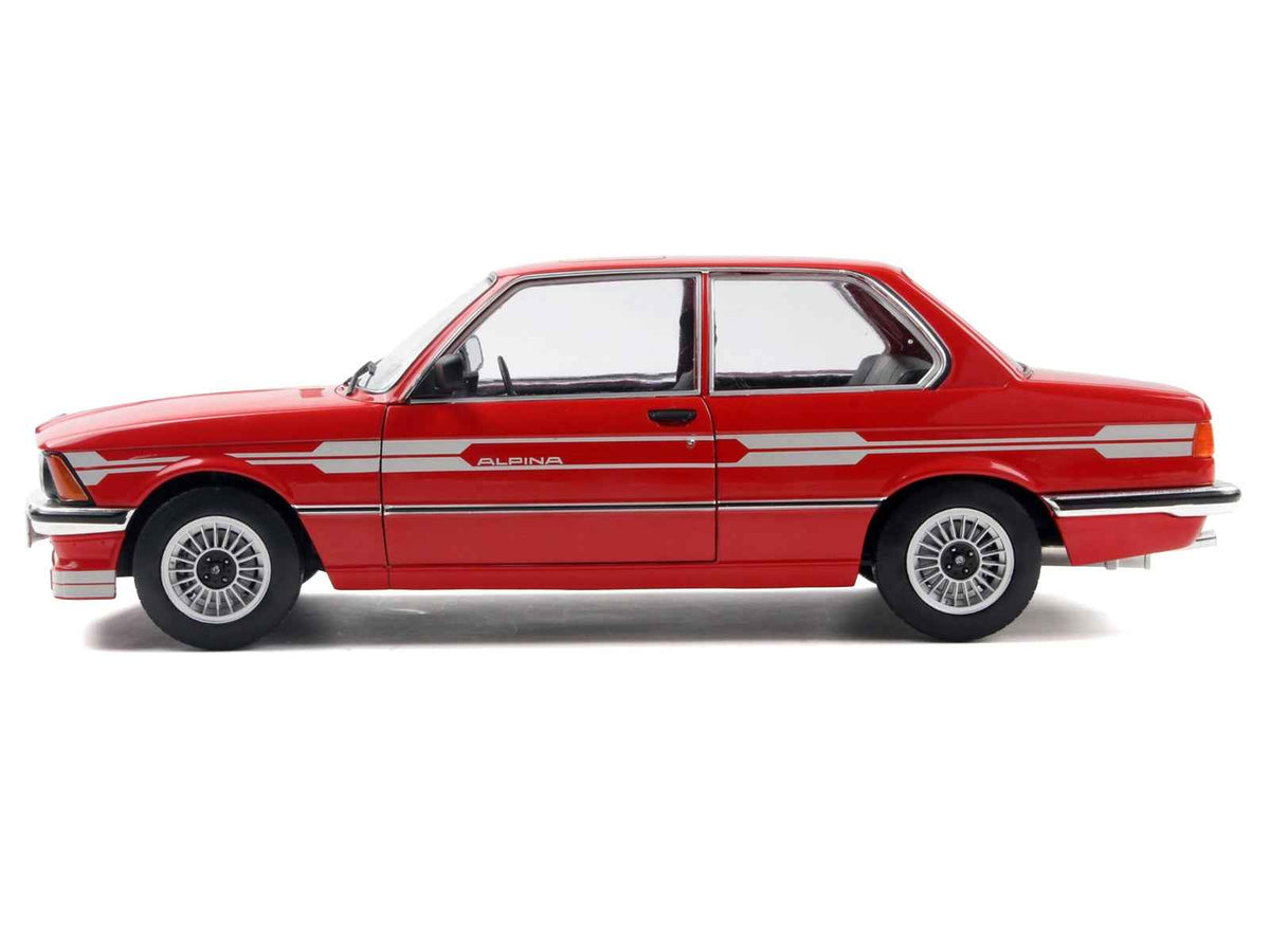 Red 1980 Alpina E21 C1 2.3 diecast model car with gray stripes by Solido, detailed miniature replica in 1/18 scale.