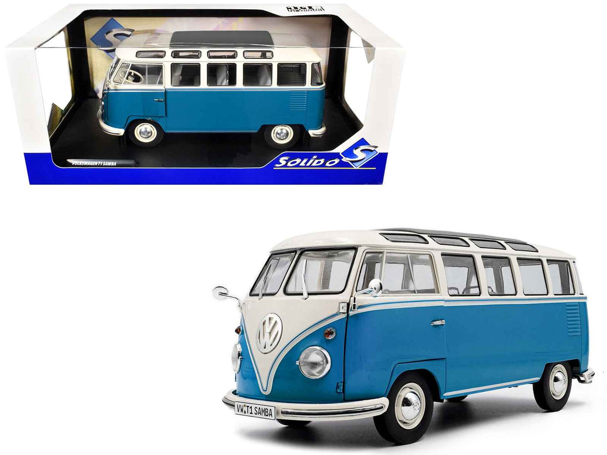 Miniature Motors 1962 Volkswagen T1 Samba Bus diecast model in baby blue and white, detailed 1/18 scale collectible car by Solido.