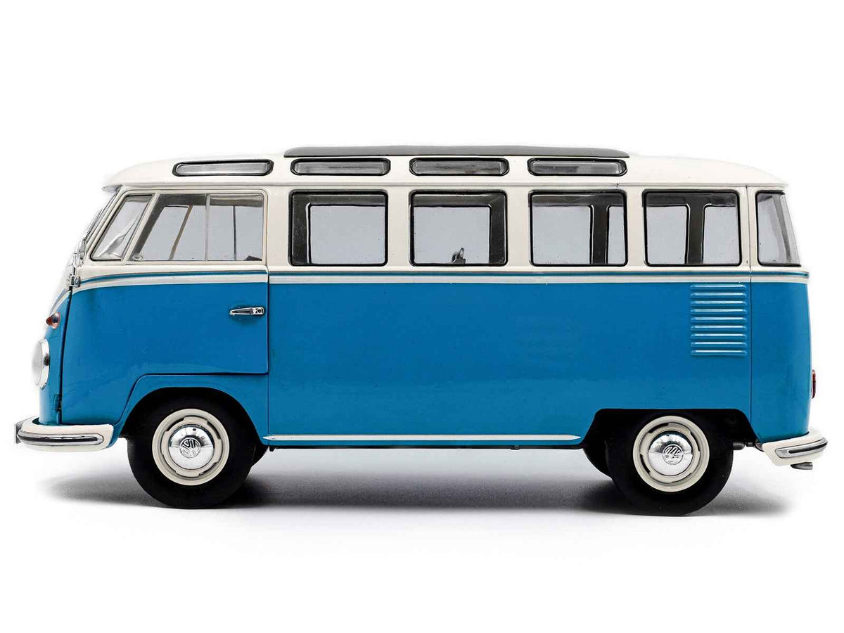 Baby blue and white 1962 Volkswagen T1 Samba Bus diecast model car by Solido, detailed miniature vehicle for collectors.
