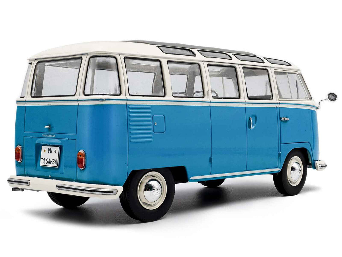 Baby blue and white 1962 Volkswagen T1 Samba Bus diecast model car by Solido, detailed miniature vehicle for collectors.