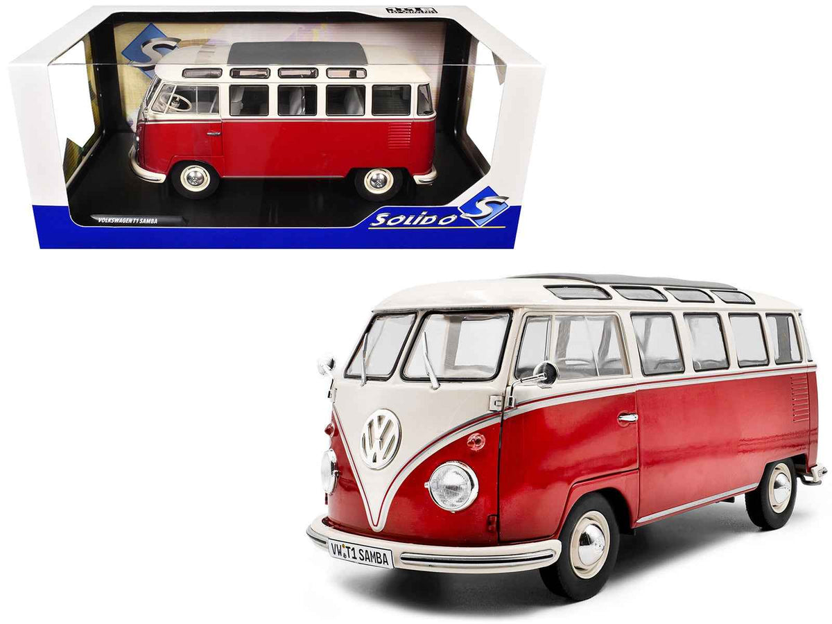 Red and white 1962 Volkswagen T1 Samba Bus diecast model car by Solido, detailed miniature vehicle, perfect for collectors.