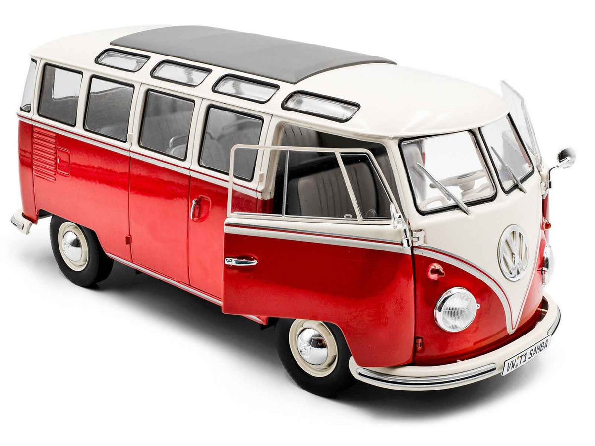 Red and white 1962 Volkswagen T1 Samba Bus diecast model car by Solido, detailed miniature vehicle in 1/18 scale.