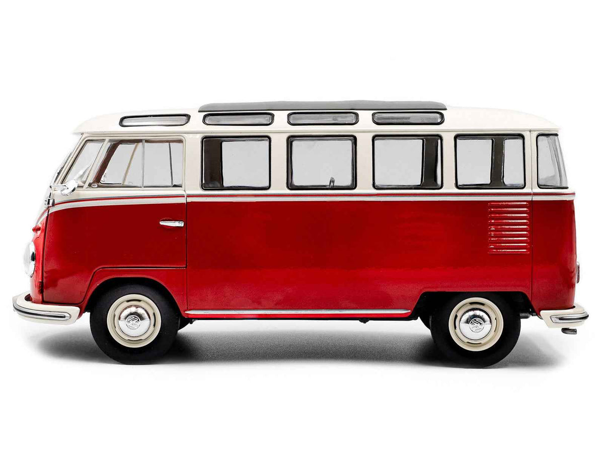 Red and white 1962 Volkswagen T1 Samba Bus diecast model car by Solido, detailed miniature Volkswagen model for collectors.