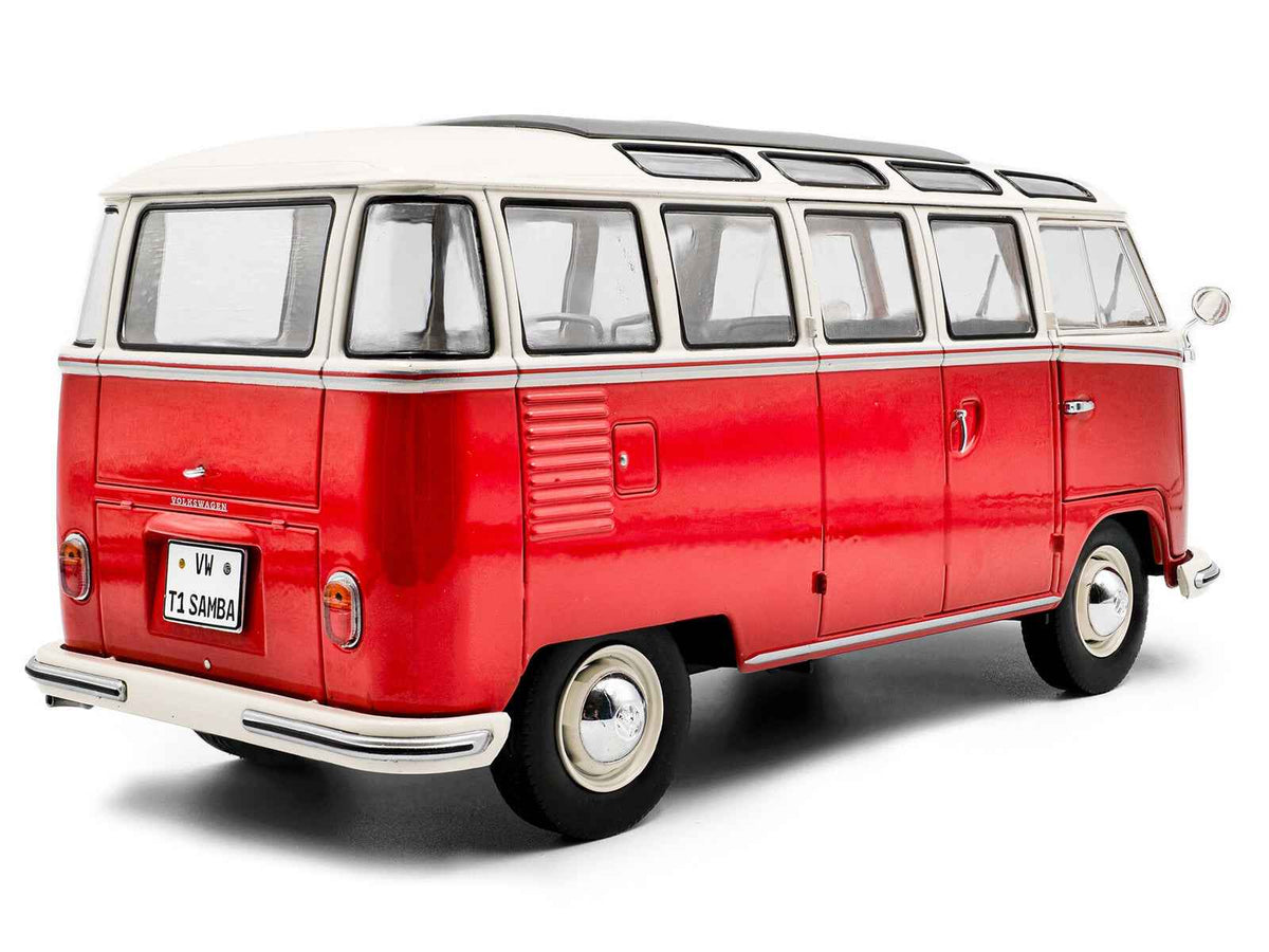 Red and white 1962 Volkswagen T1 Samba Bus diecast model car by Solido, detailed miniature collectible from Miniature Motors.