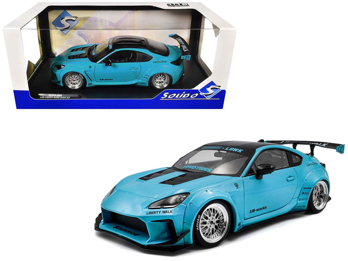 2024 Toyota GR86 LBWK diecast model car by Solido, baby blue with black top, RHD, 1/18 scale, detailed miniature Toyota model