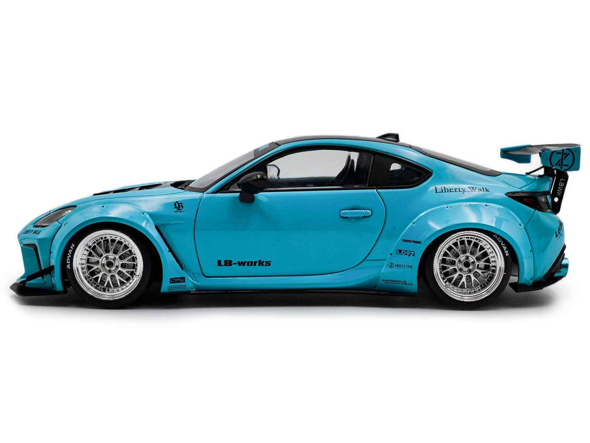 2024 Toyota GR86 LBWK diecast model car in baby blue with black top, RHD, by Solido, 1/18 scale, detailed miniature vehicle.