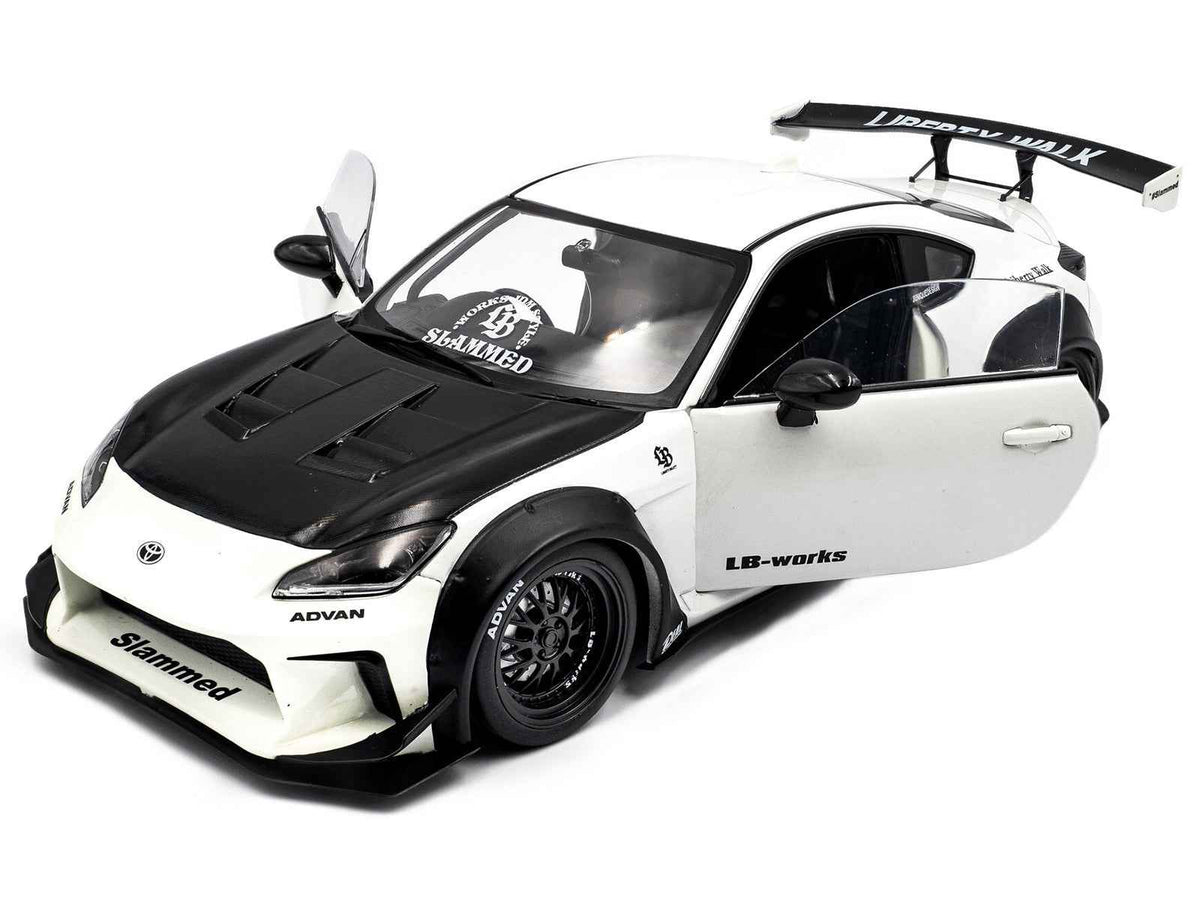 2024 Toyota GR86 LBWK diecast model car by Solido, pearl white with carbon hood, RHD, 1/18 scale, detailed miniature vehicle