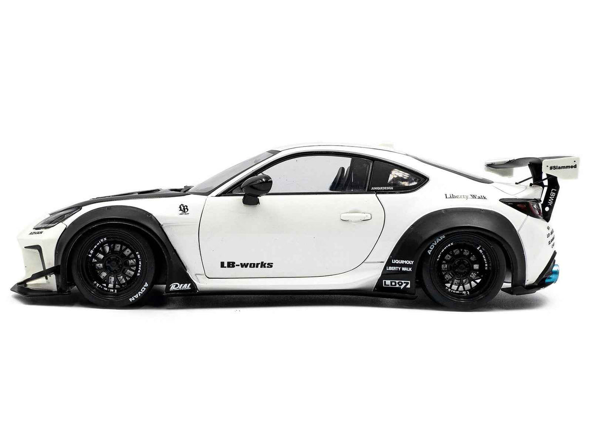 2024 Toyota GR86 LBWK body kit diecast model car in pearl white with carbon hood, RHD, 1/18 scale by Solido
