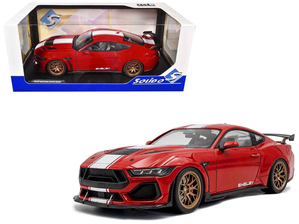 Diecast 2024 Ford Shelby Mustang Super Snake model car in Race Red with white stripes, by Solido, 1/18 scale, detailed miniature vehicle.