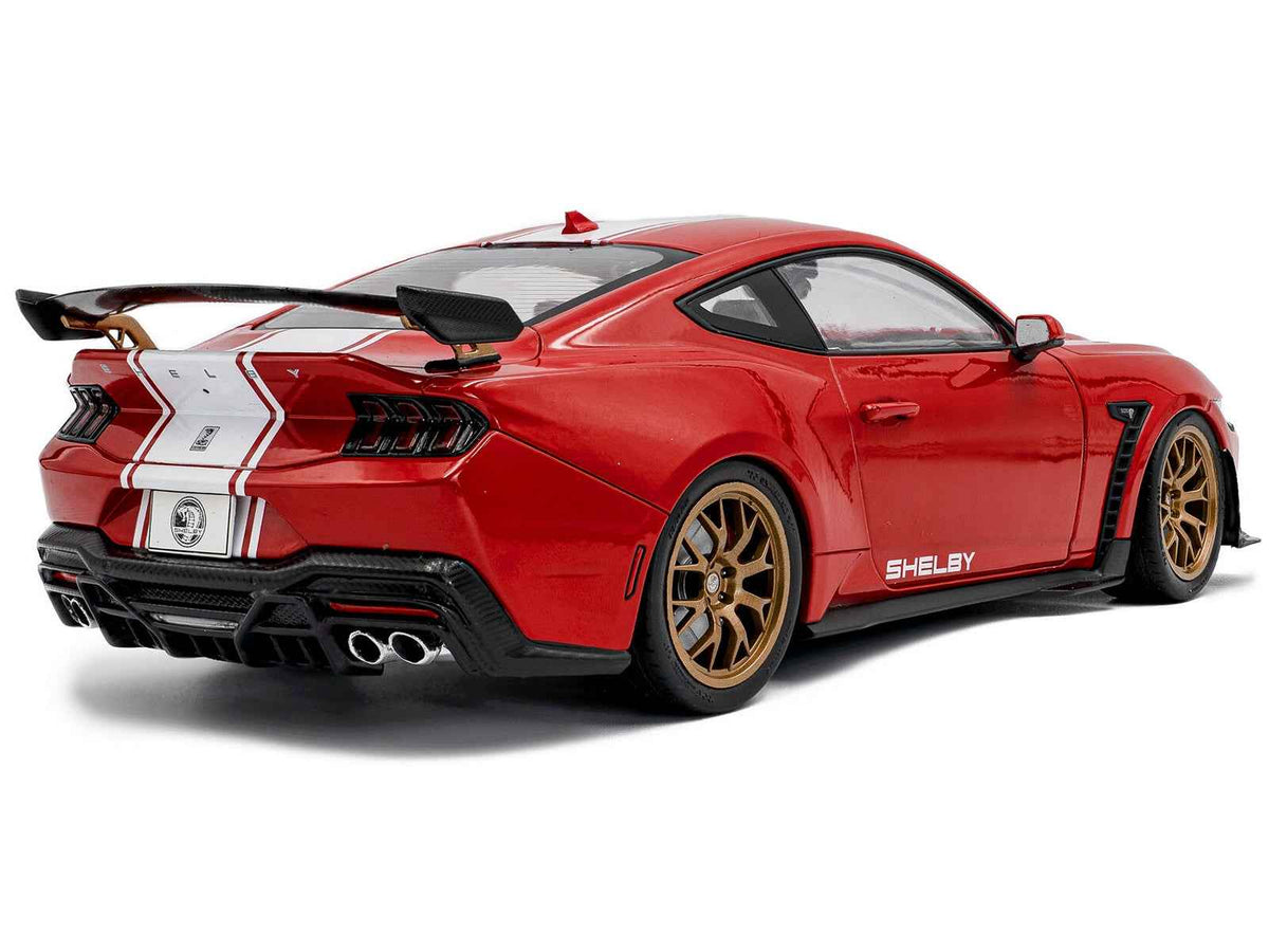 2024 Ford Shelby Mustang Super Snake 1/18 diecast model car in Race Red with white stripes by Solido, detailed miniature vehicle.