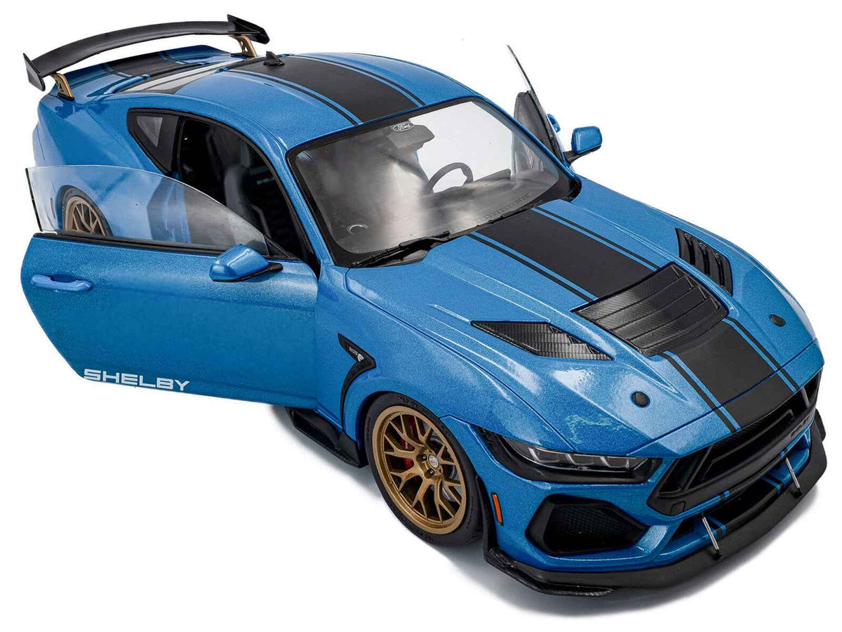 2024 Ford Shelby Mustang Super Snake diecast model car in Grabber Blue Metallic with black stripes, by Solido, detailed miniature vehicle.