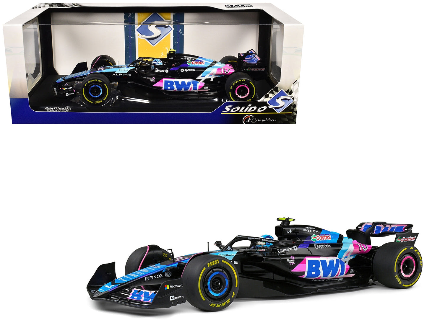 Alpine A524 #10 Pierre Gasly "BWT" Formula One F1 Monaco GP (2024) "Competition" Series 1/18 Diecast Model Car by Solido