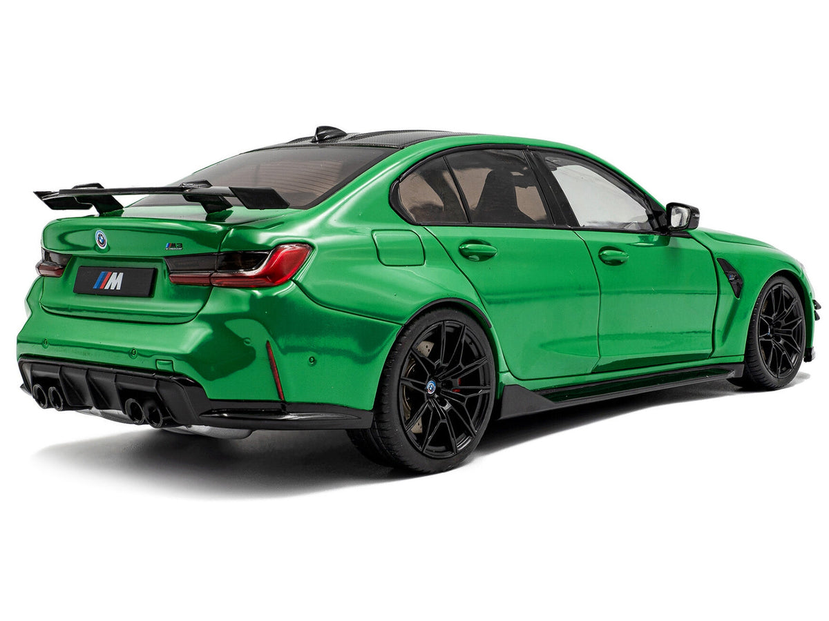2024 BMW M3 Competition Signal Green diecast model car by Solido, detailed miniature BMW M3 with carbon top, 1/18 scale.