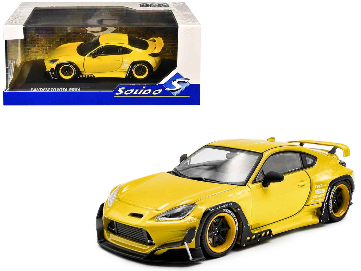Yellow 2022 Toyota GR86 diecast model car by Solido, detailed 1/43 scale miniature vehicle from Toyota models collection.