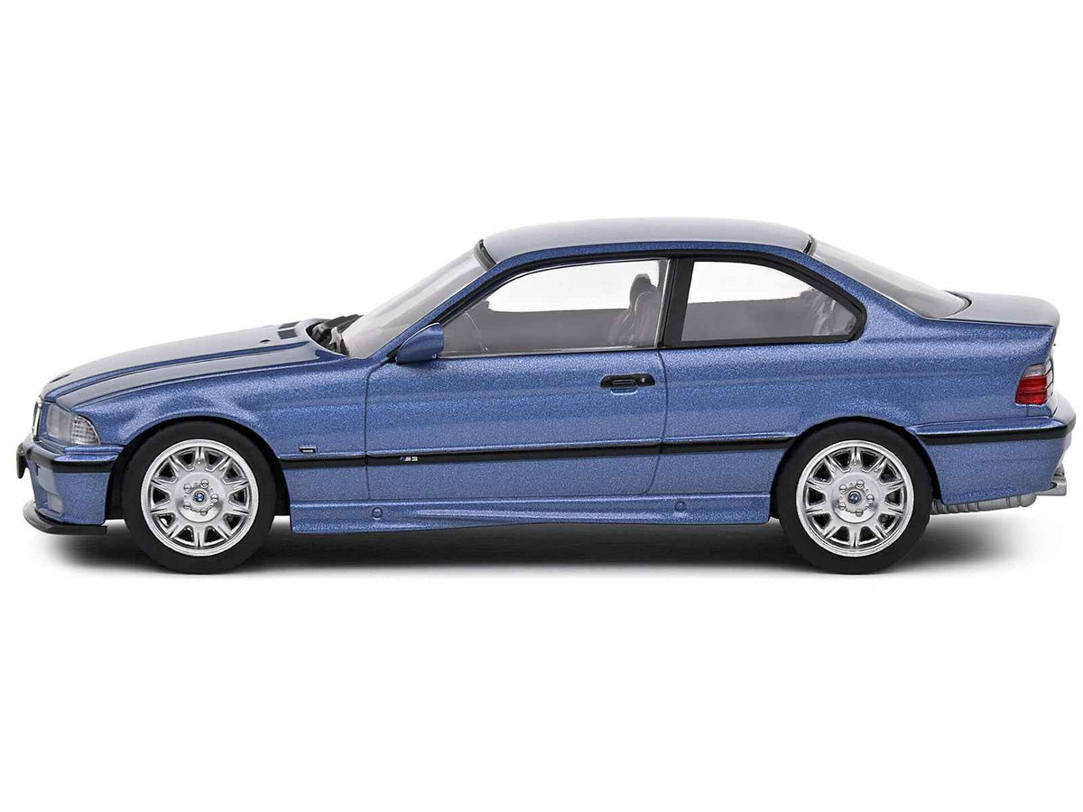 1999 BMW E36 M3 Coupe diecast model in Estoril Blue Metallic by Solido, detailed miniature car for collectors.