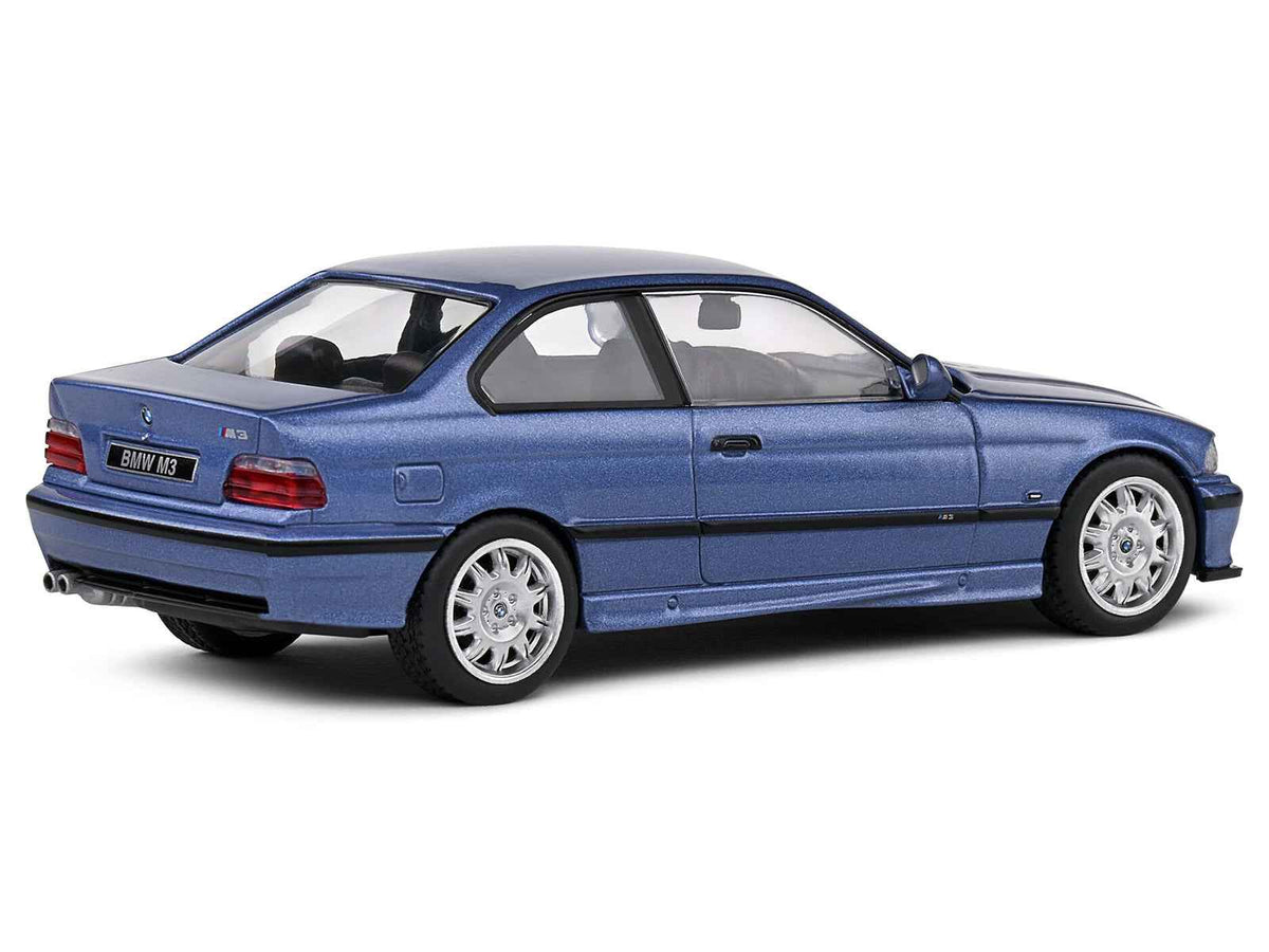 Miniature BMW E36 M3 Coupe diecast model in Estoril Blue Metallic by Solido, detailed 1/43 scale car for collectors.