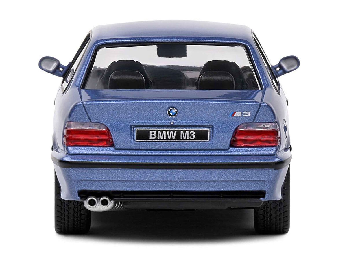 Miniature BMW E36 M3 Coupe diecast model in Estoril Blue Metallic, 1/43 scale by Solido, detailed collectible car.